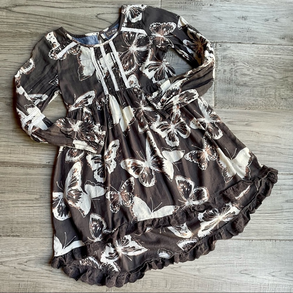 Girls Butterfly Print Dress 100% Cotton Long Sleeves Earth Tone Colors Lace SZ 9